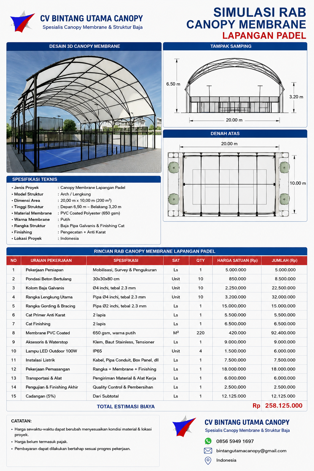 Contoh Dokumen RAB Canopy Membrane Lapangan Padel