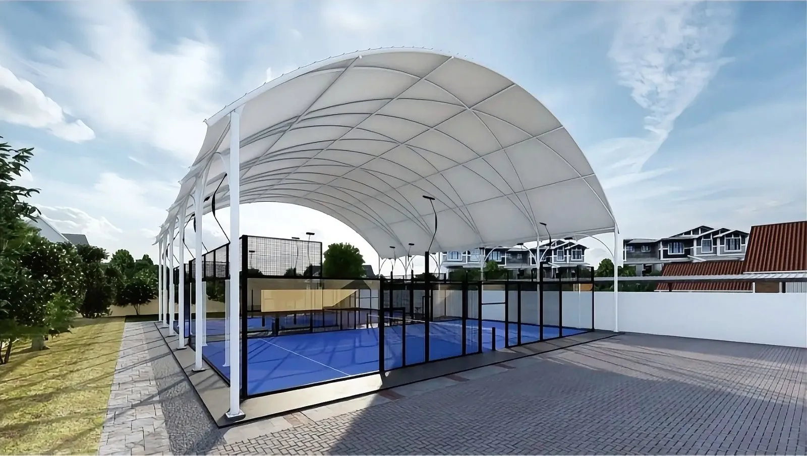 Proyek pemasangan Tenda Membran Sukamulya oleh Bintang Utama Canopy yang menonjolkan desain arsitektur modern dan konstruksi kuat.